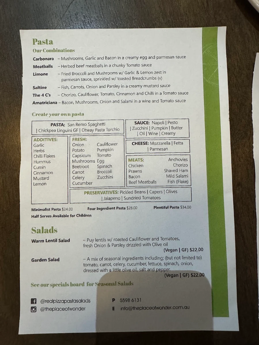 Menu, REAL Pizza Pasta Salads