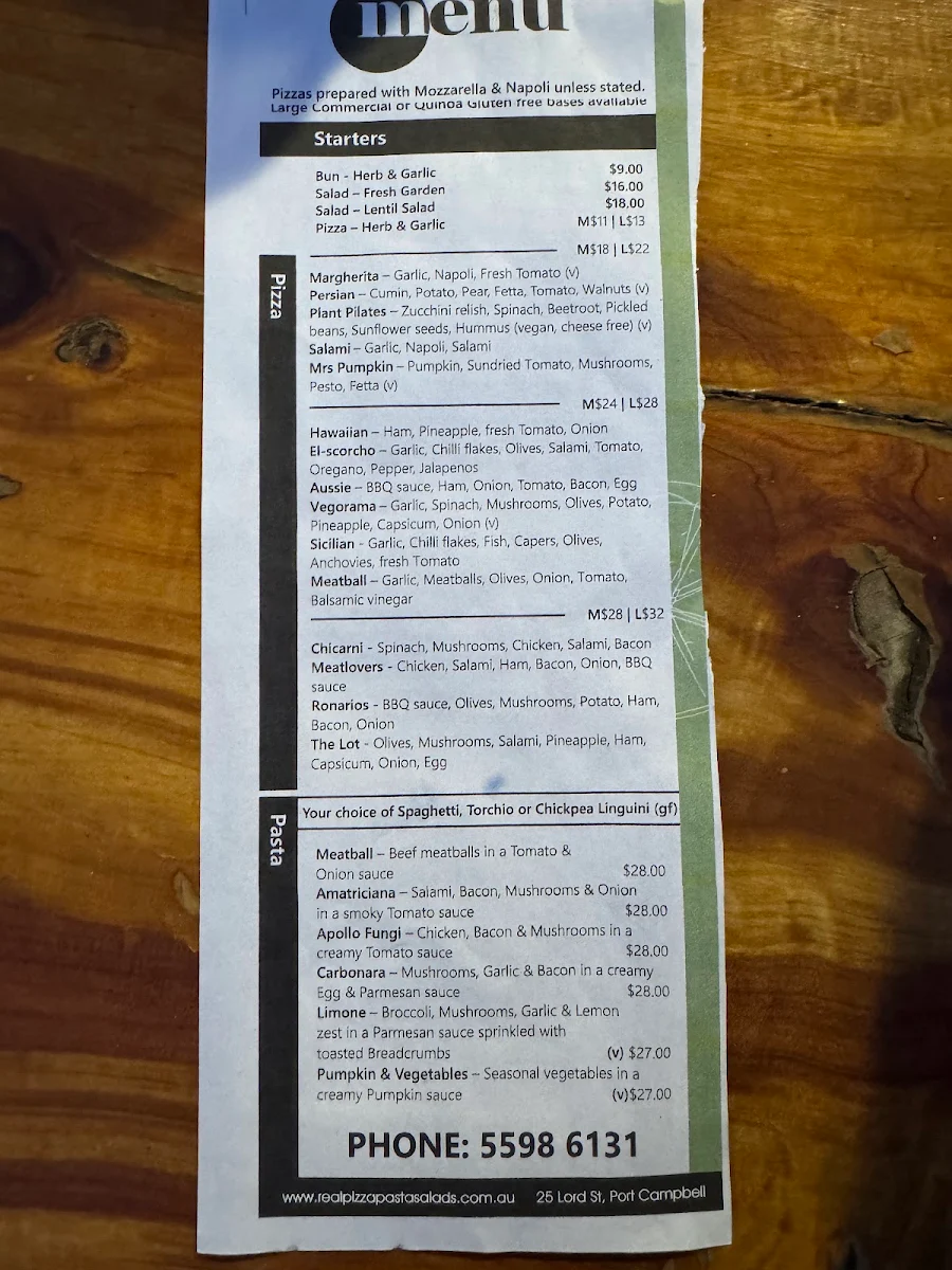 Menu, REAL Pizza Pasta Salads