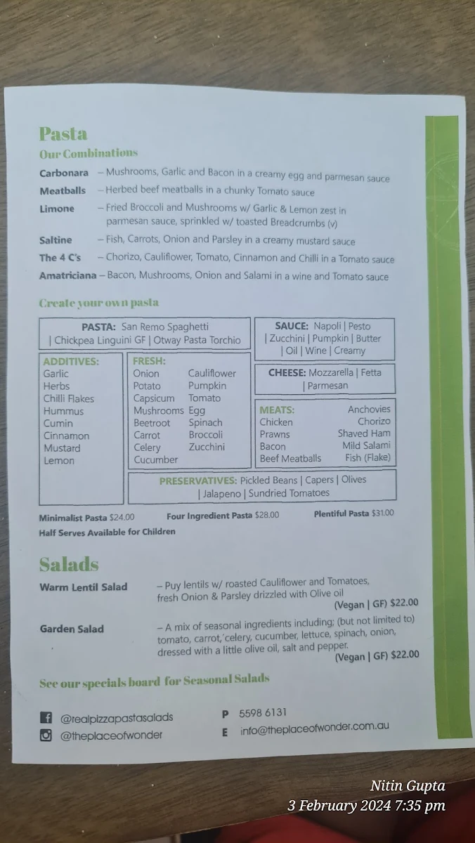 Menu, REAL Pizza Pasta Salads