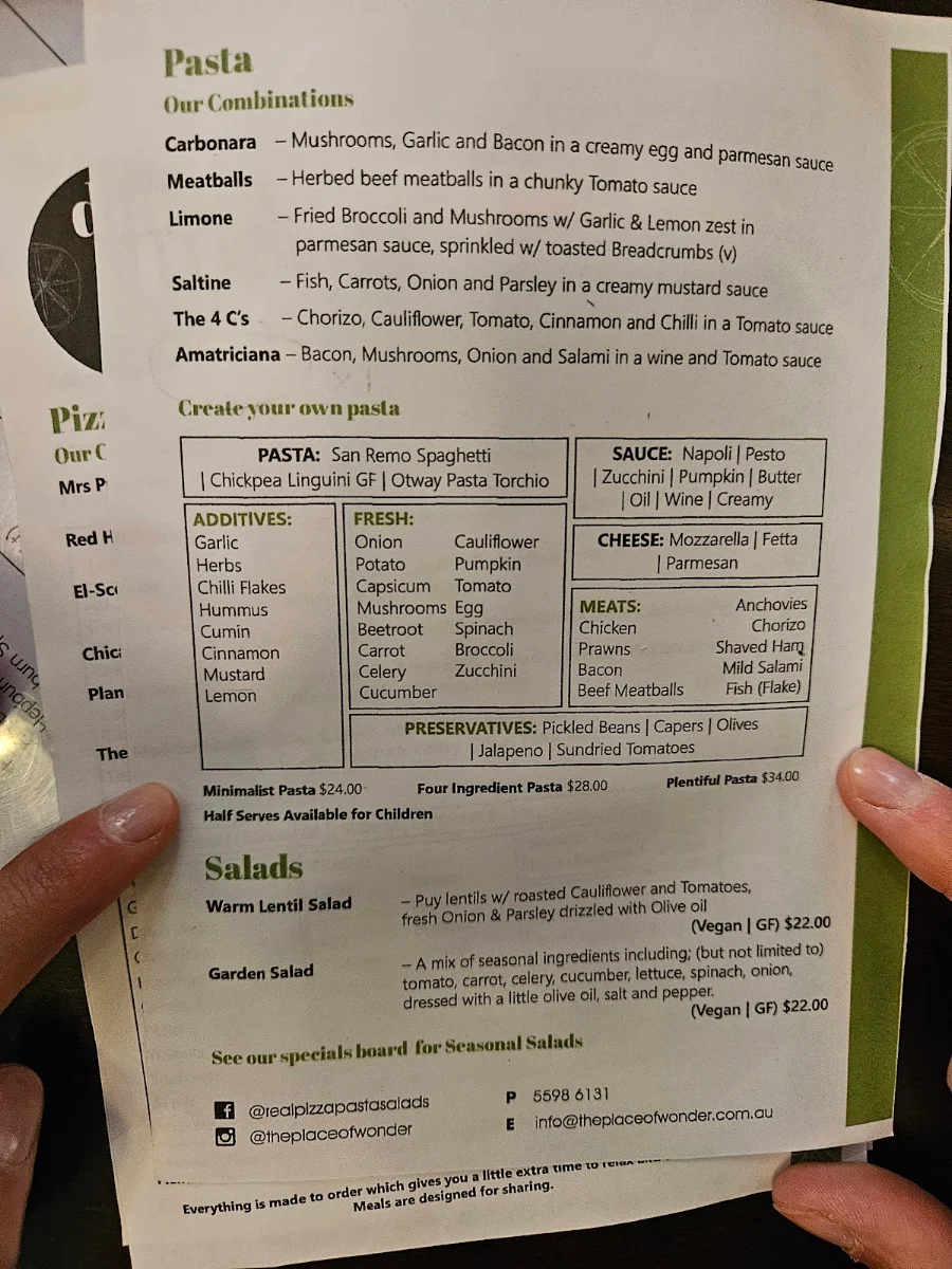 Menu, REAL Pizza Pasta Salads