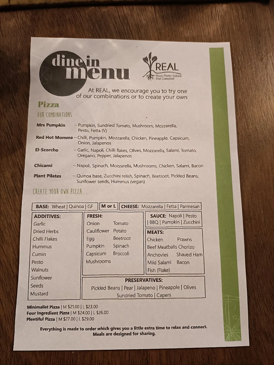 Menu, REAL Pizza Pasta Salads