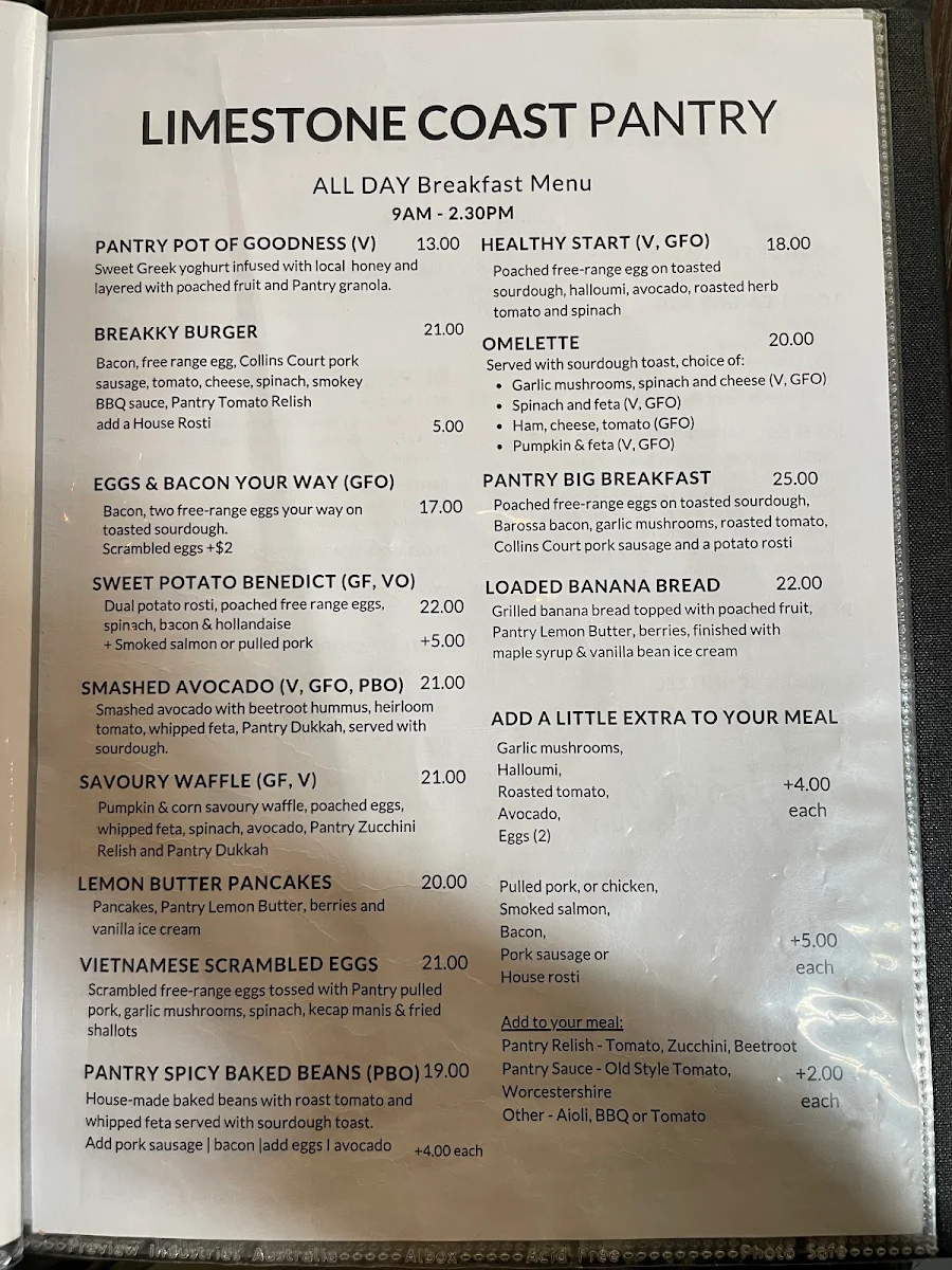 Menu, Limestone Coast Pantry MG