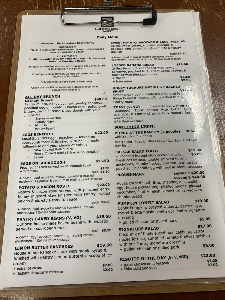Menu, Limestone Coast Pantry MG