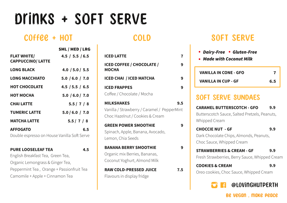 Menu, Loving Hut Perth