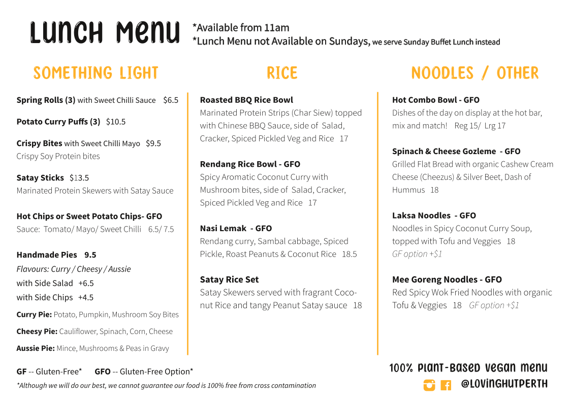 Menu, Loving Hut Perth