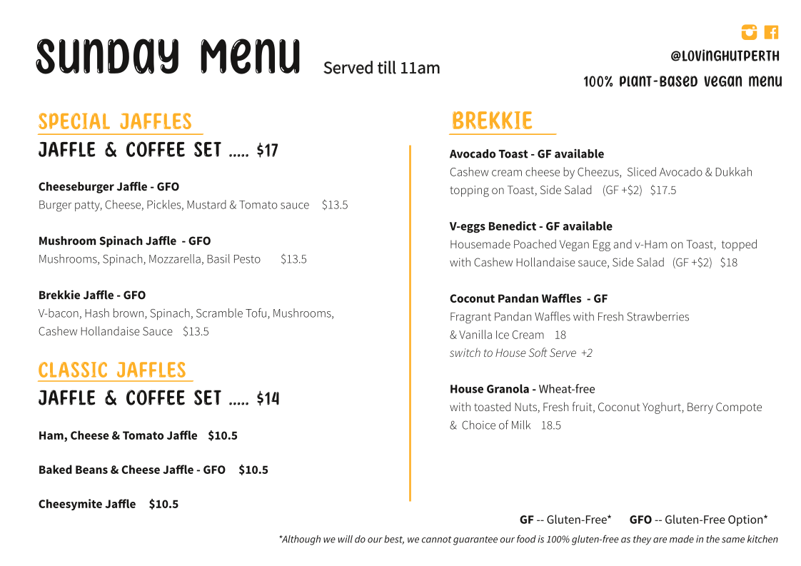 Menu, Loving Hut Perth