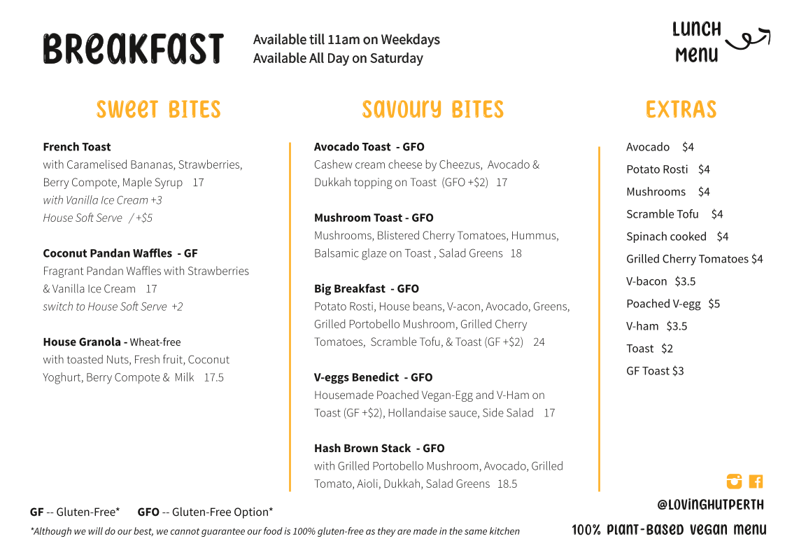 Menu, Loving Hut Perth