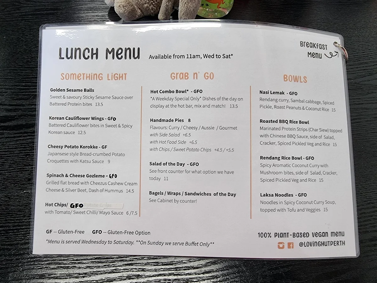 Menu, Loving Hut Perth