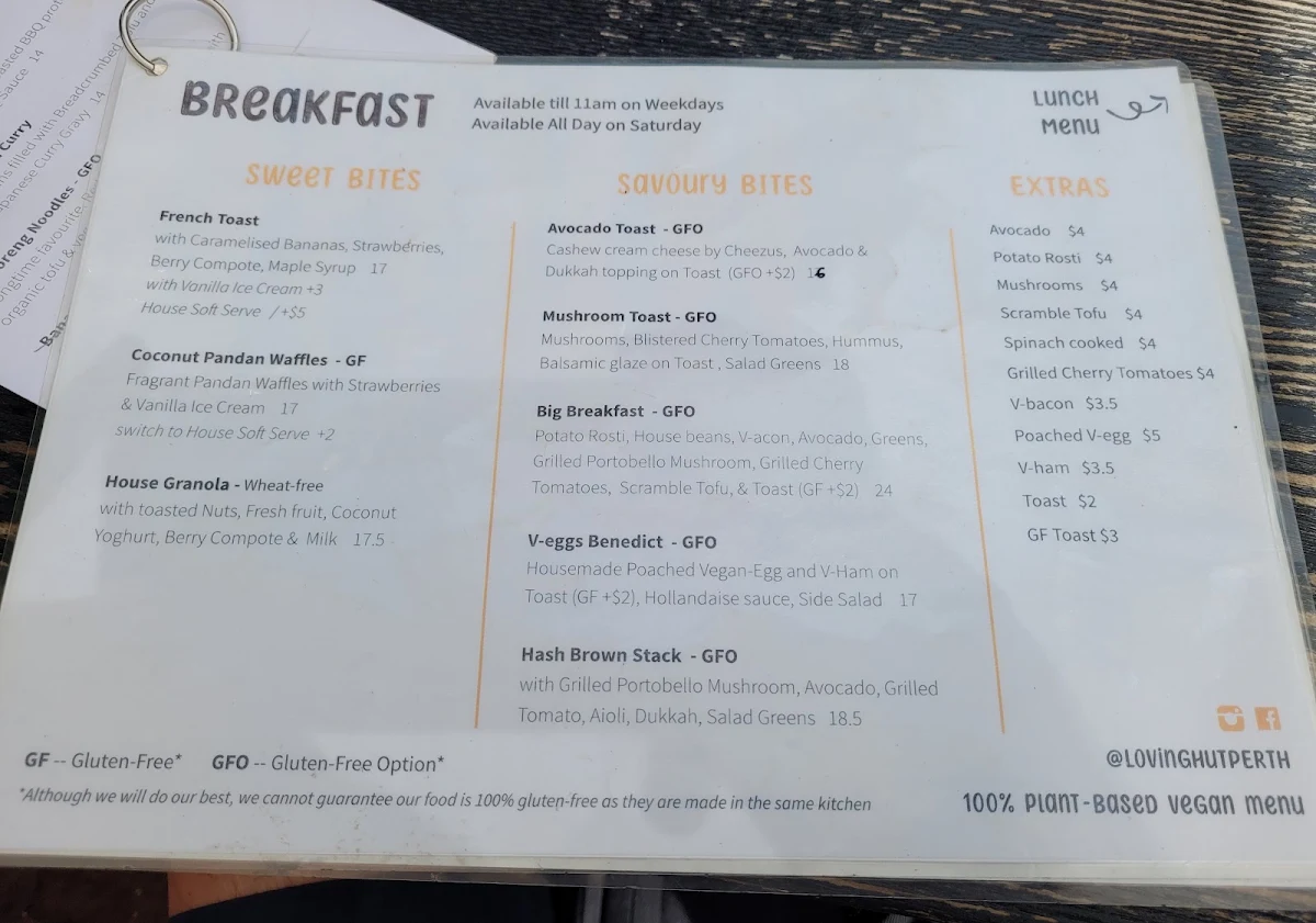 Menu, Loving Hut Perth