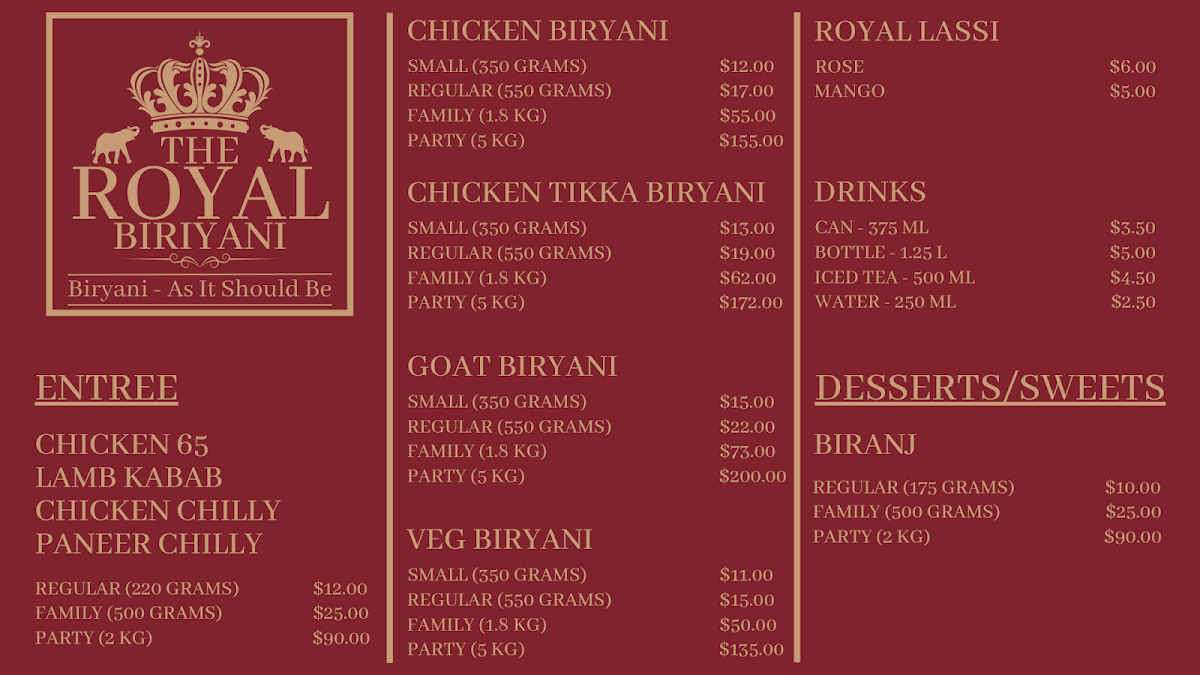 Menu, The Royal Biryani