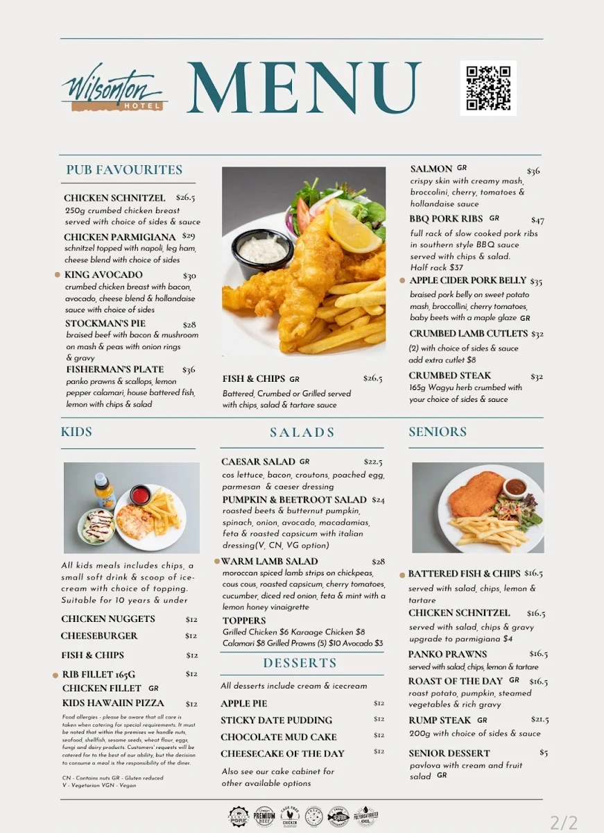 Menu, Wilsonton Hotel