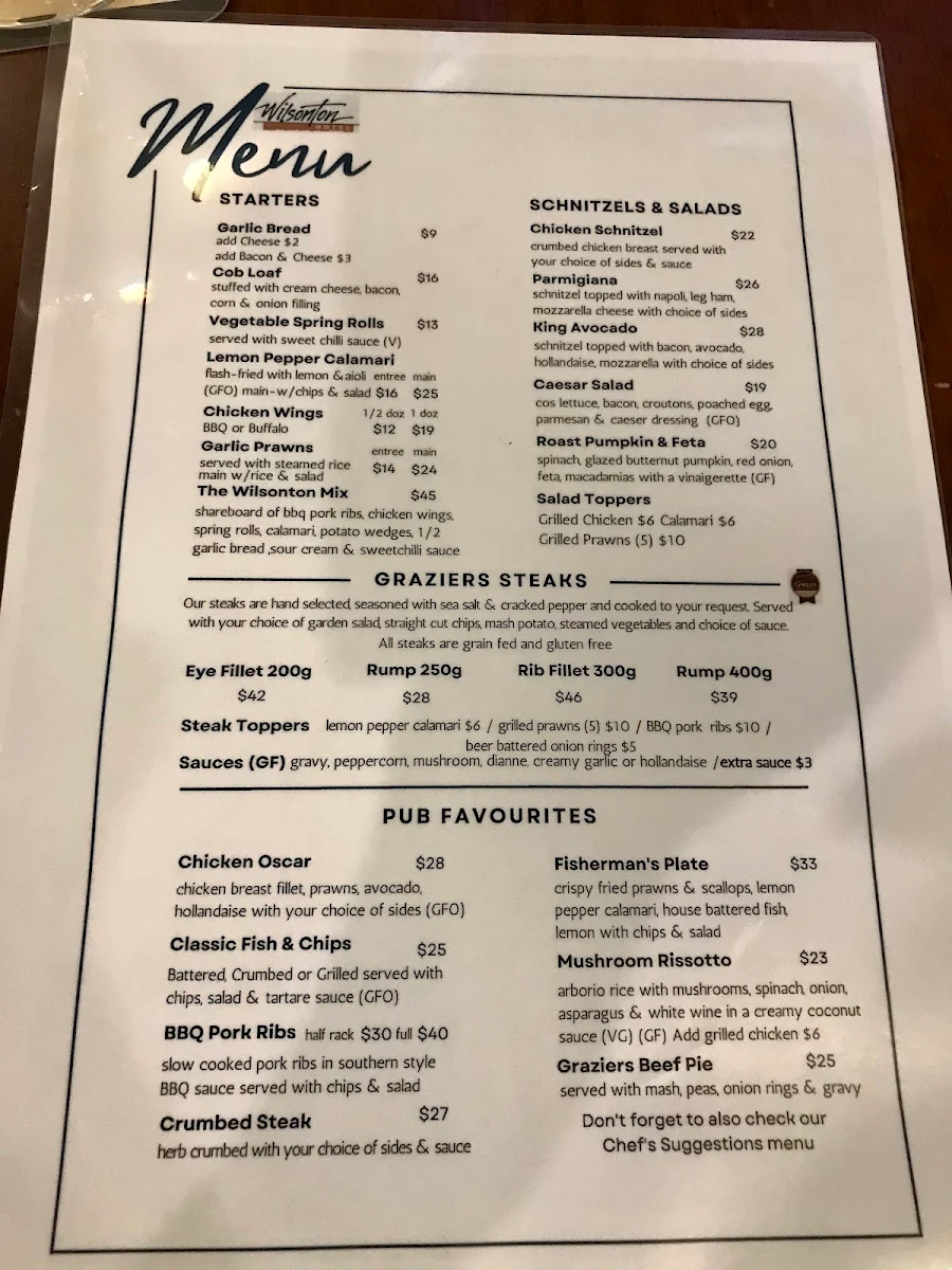 Menu, Wilsonton Hotel