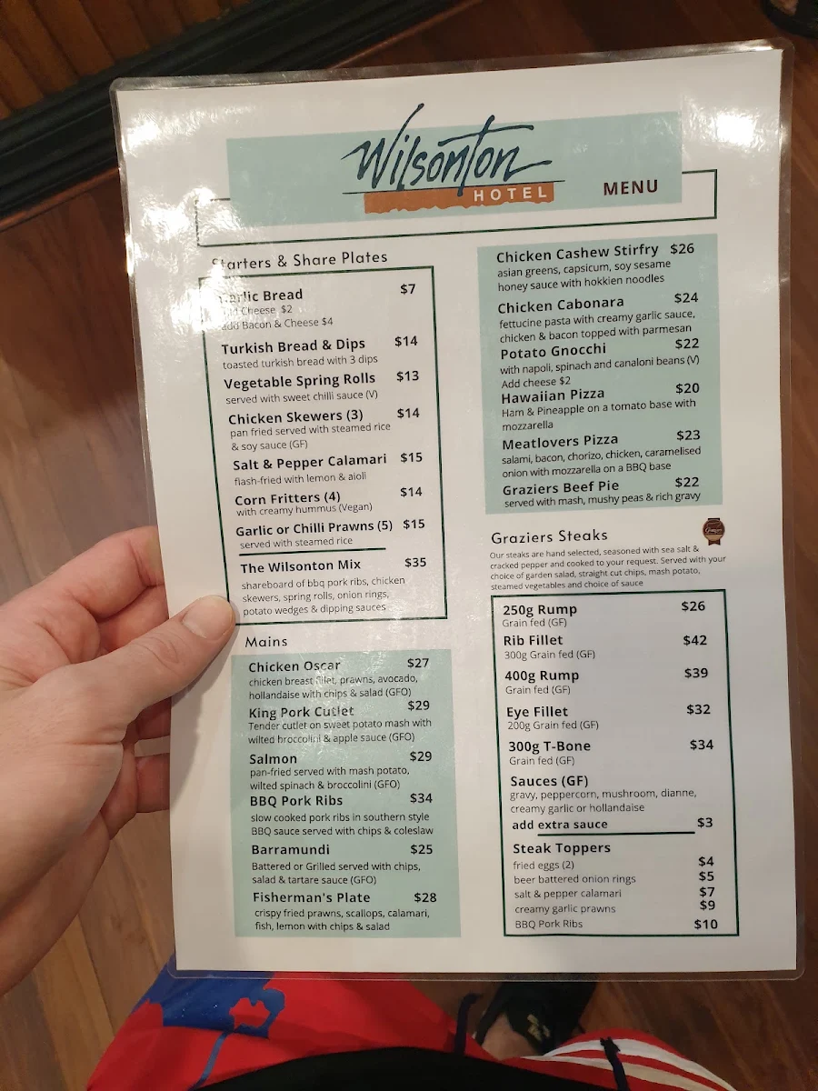 Menu, Wilsonton Hotel