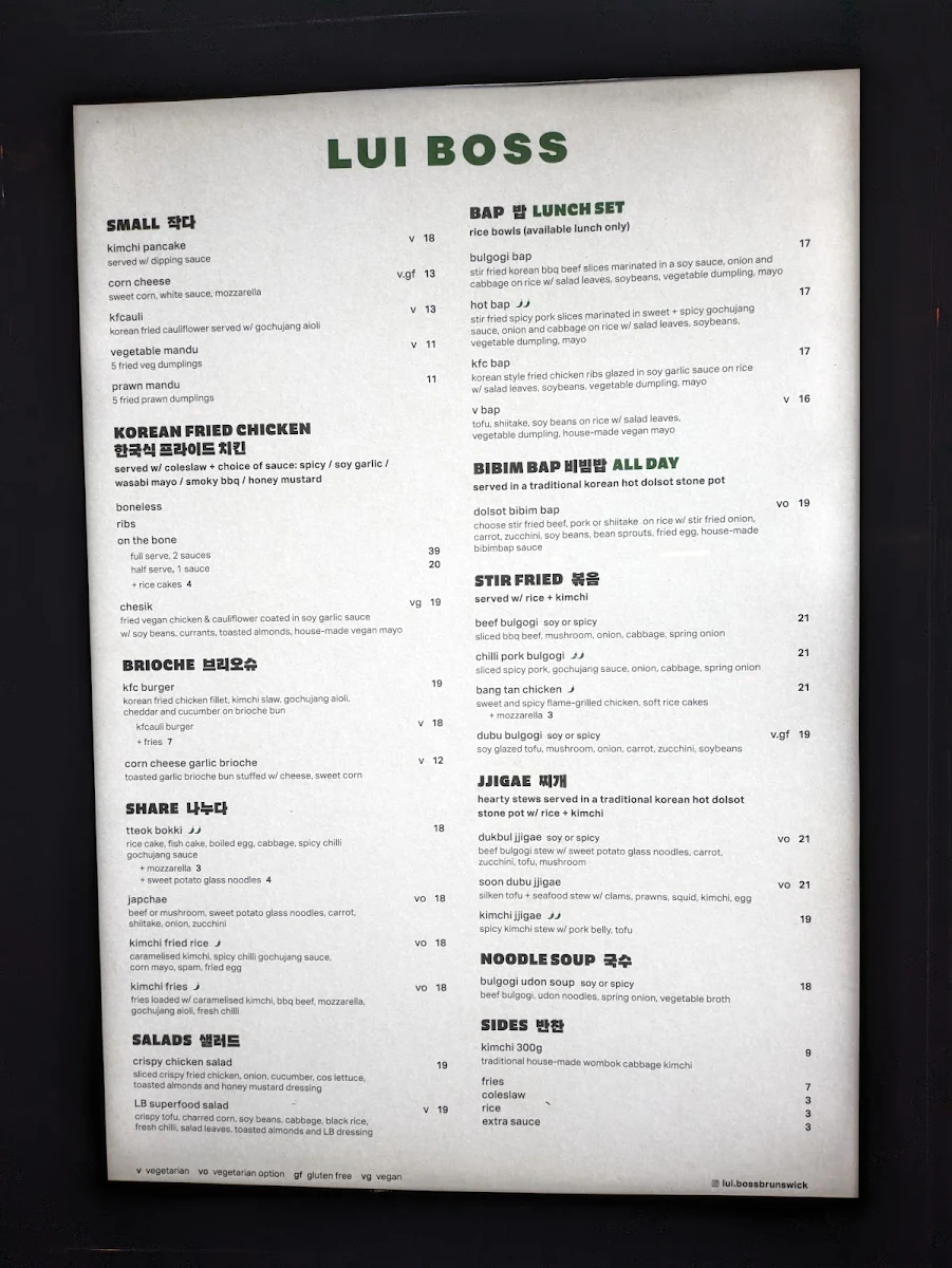 Menu, Lui Boss Brunswick