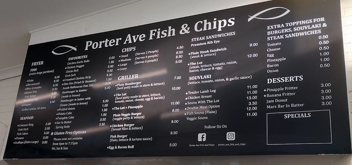 Menu, Porter Ave Fish & Chips