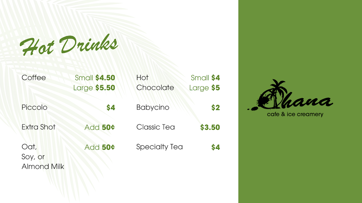 Menu, Ohana cafe and ice creamery