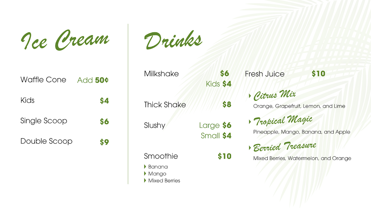 Menu, Ohana cafe and ice creamery