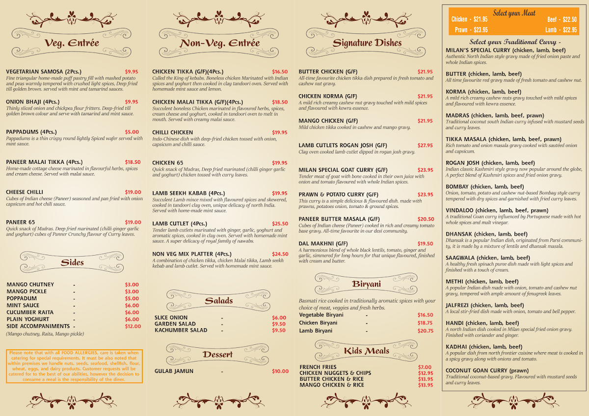 Menu, Milan Indian Cuisine - Mount Warren Park