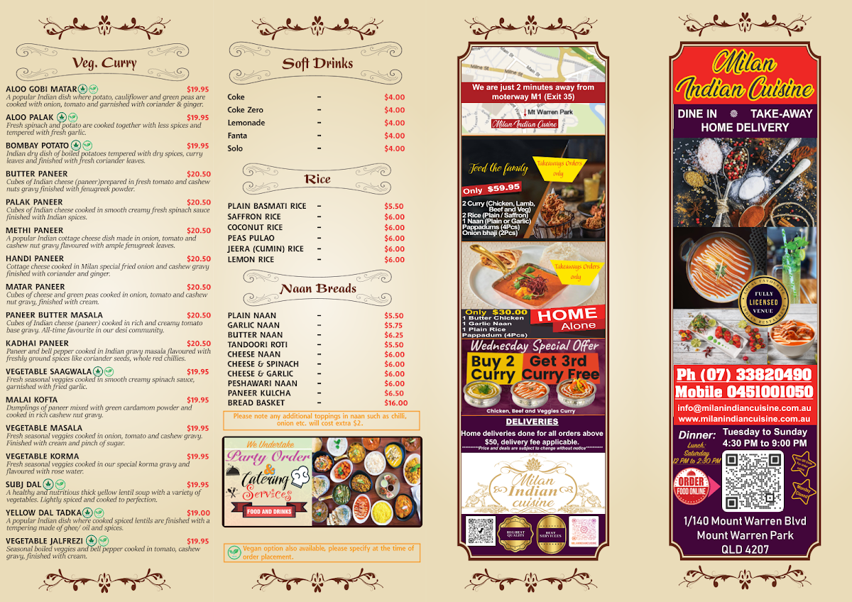 Menu, Milan Indian Cuisine - Mount Warren Park