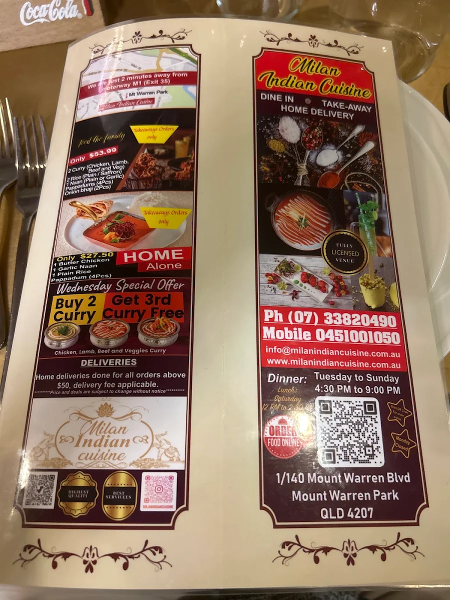 Menu, Milan Indian Cuisine - Mount Warren Park