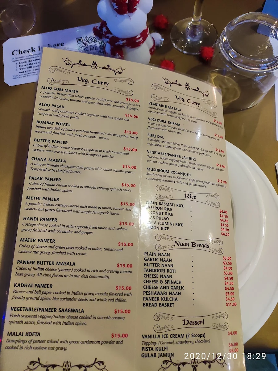 Menu, Milan Indian Cuisine - Mount Warren Park