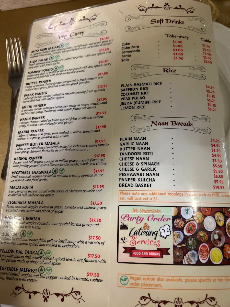 Menu, Milan Indian Cuisine - Mount Warren Park