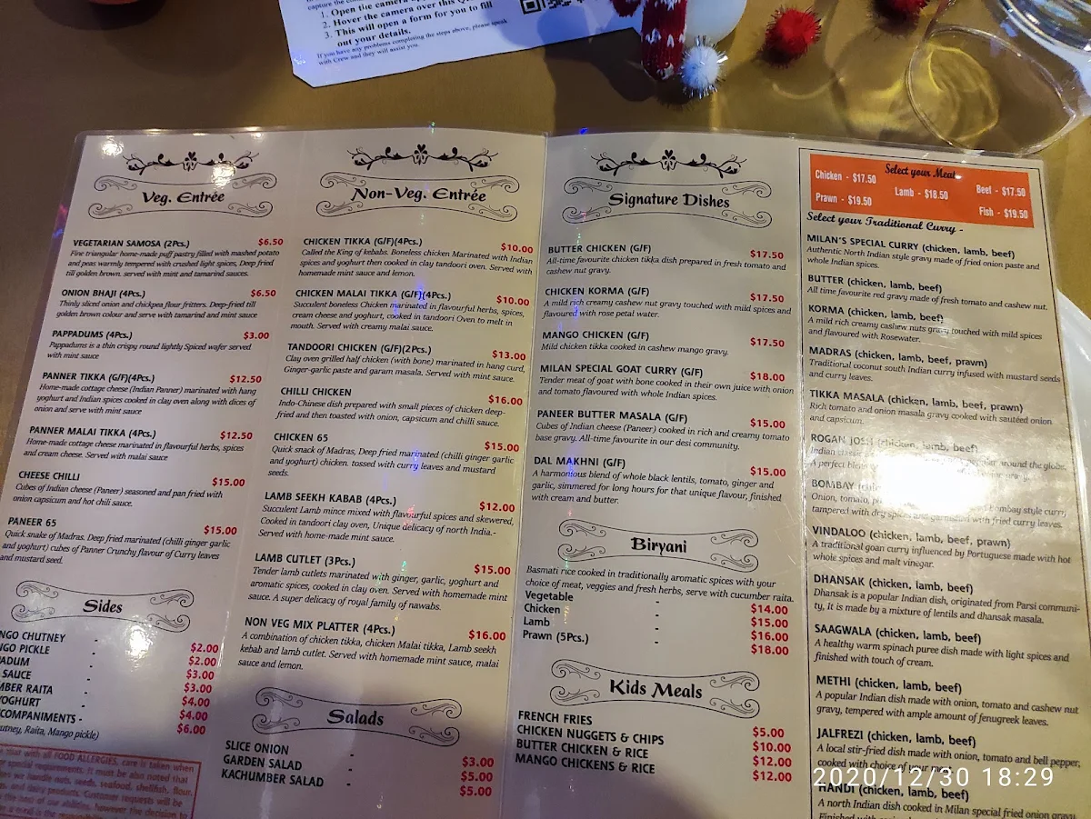 Menu, Milan Indian Cuisine - Mount Warren Park