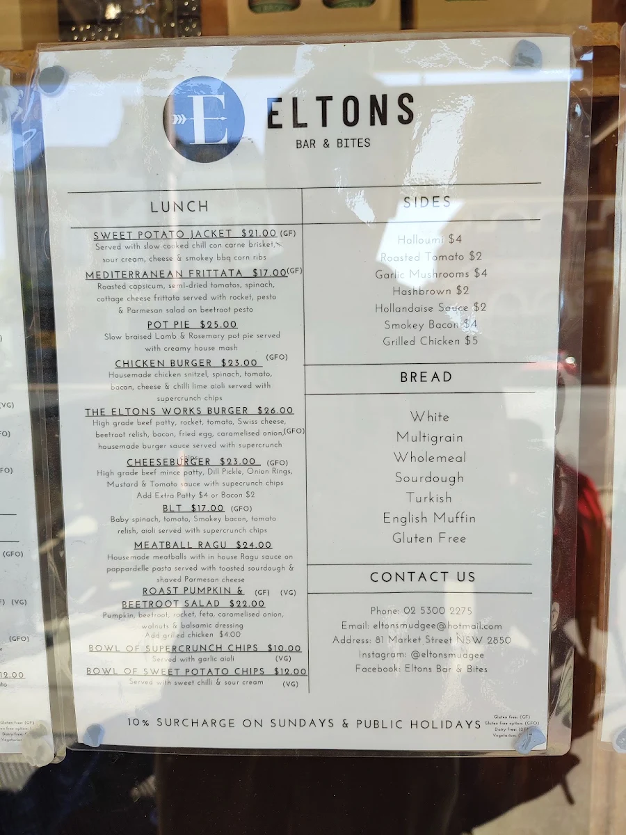 Menu, Eltons Bar + Bites