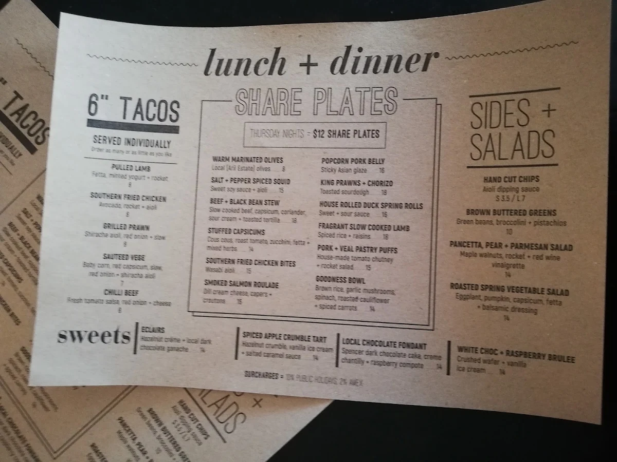 Menu, Eltons Bar + Bites