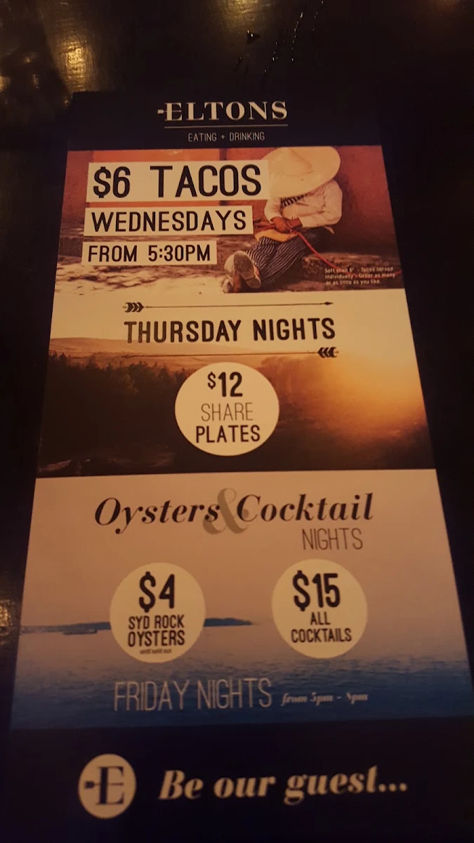 Menu, Eltons Bar + Bites
