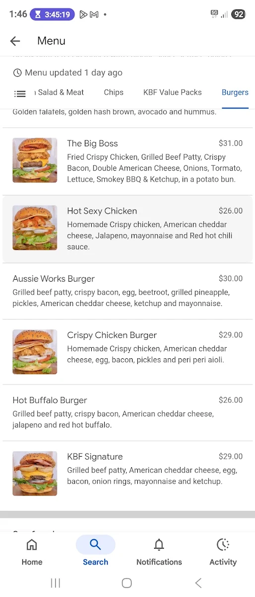 Menu, Belridge KBF