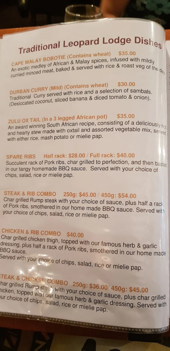 Menu, Leopard Lodge Steakhouse