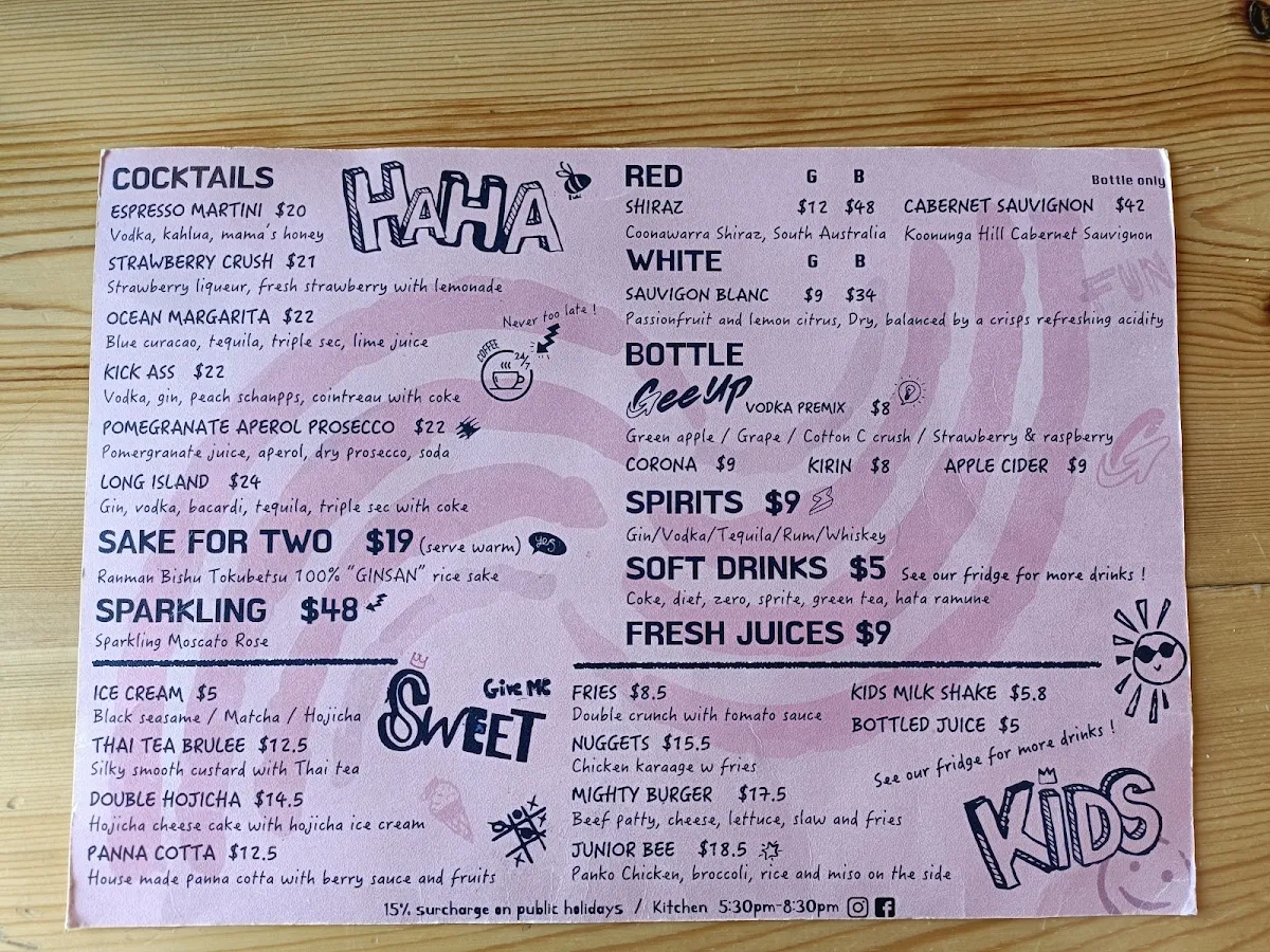 Menu, Bees Knees Cafe