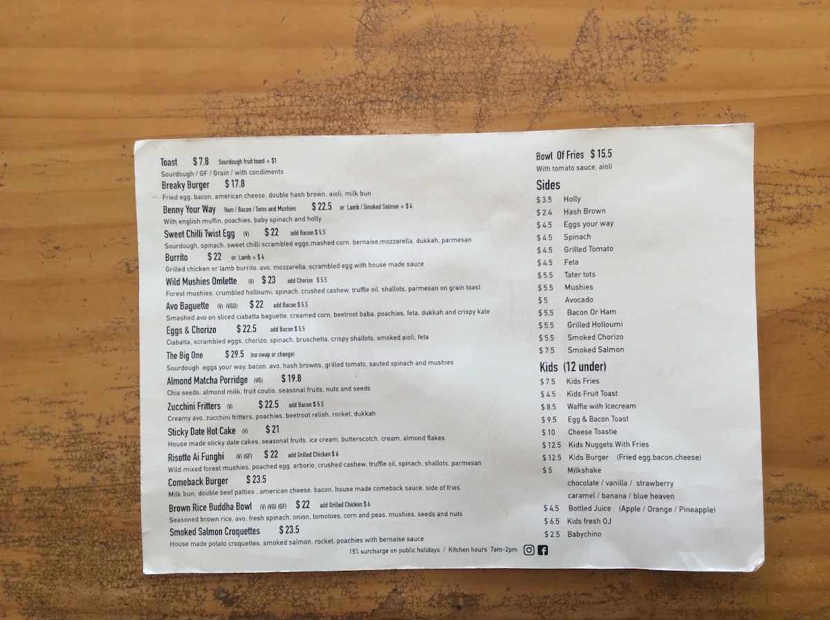 Menu, Bees Knees Cafe