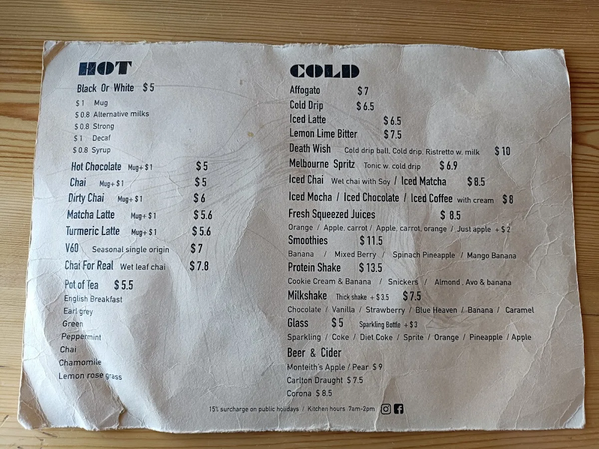 Menu, Bees Knees Cafe