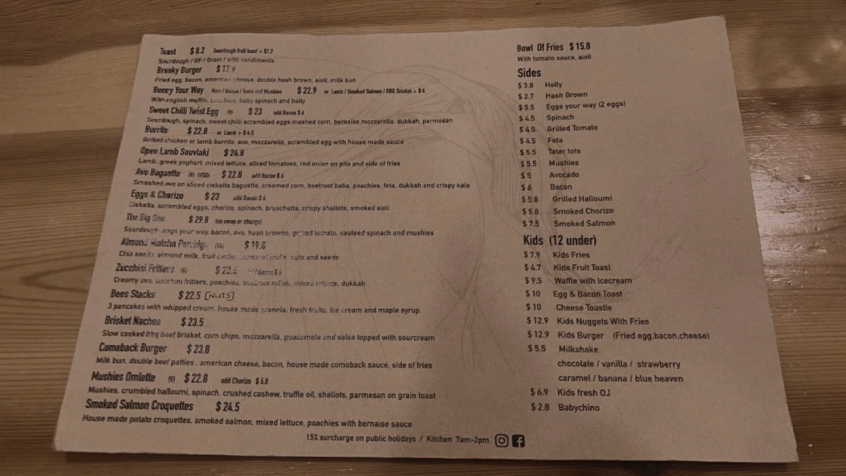 Menu, Bees Knees Cafe