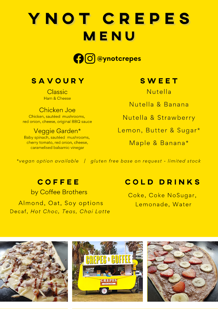 Menu, YNOT Crepes & Coffee Food Truck