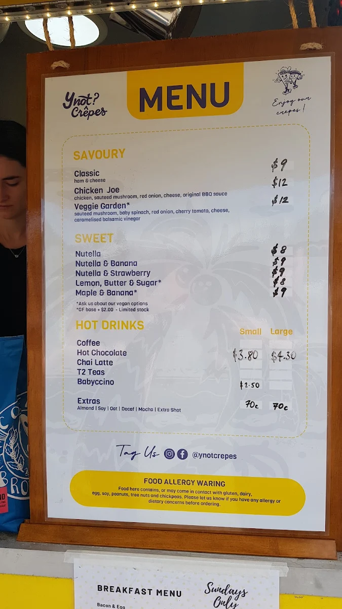 Menu, YNOT Crepes & Coffee Food Truck