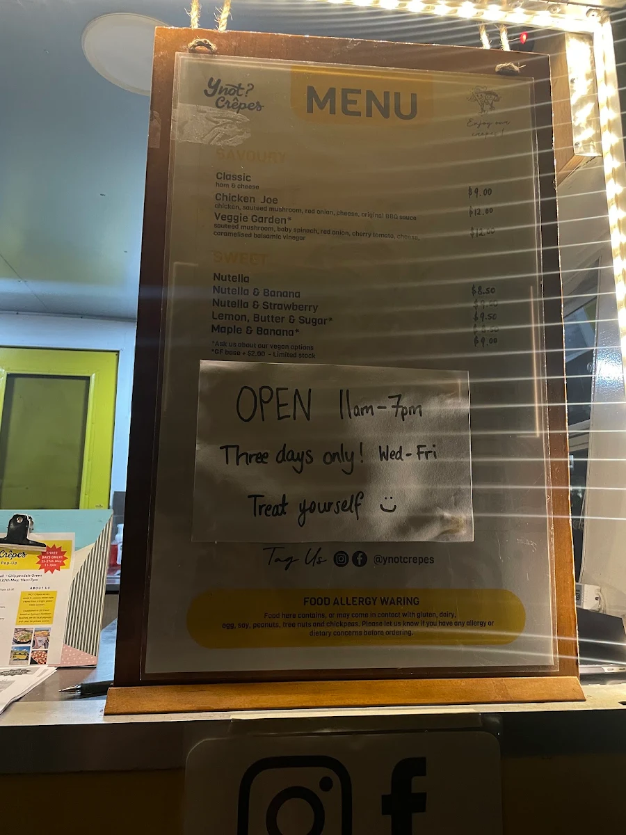 Menu, YNOT Crepes & Coffee Food Truck
