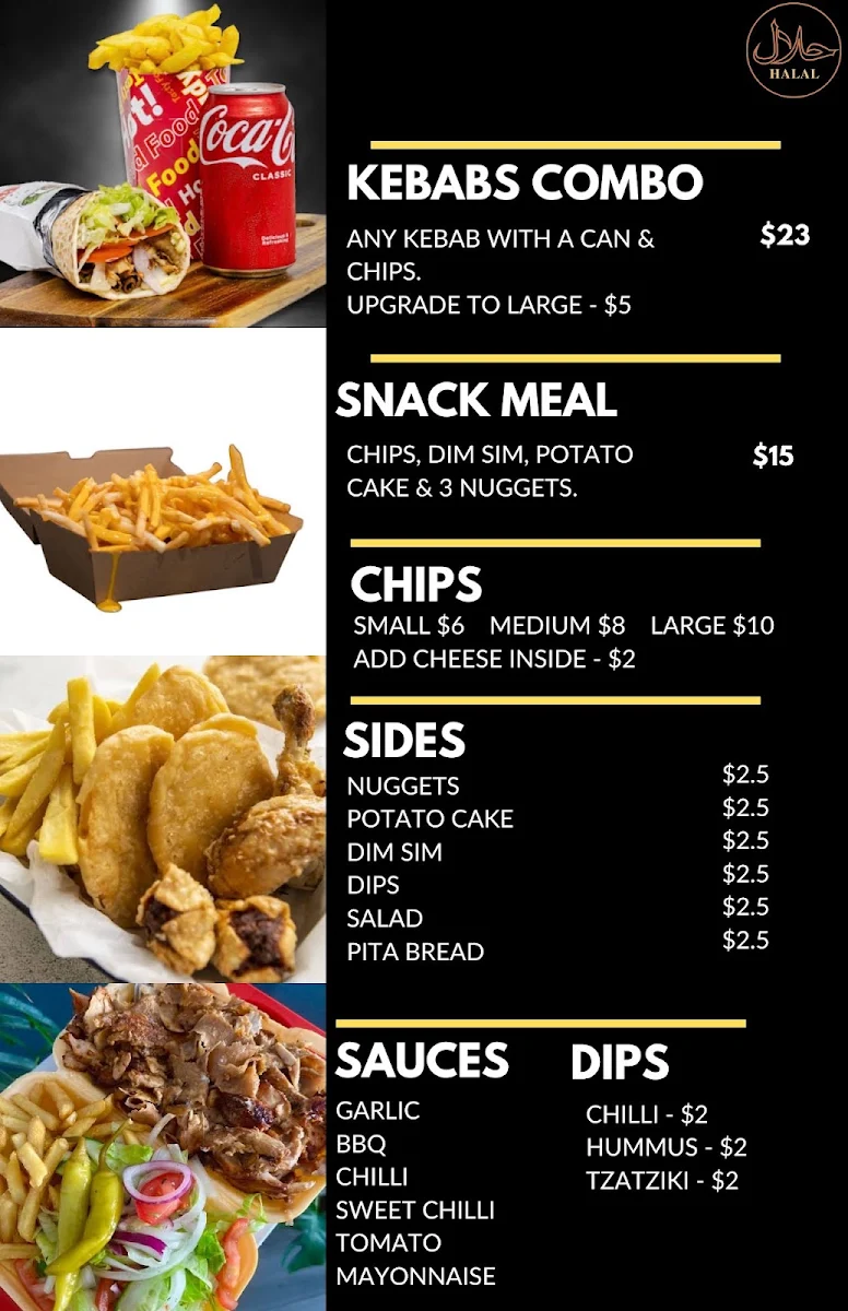 Menu, Collins Kebabs & Cafe