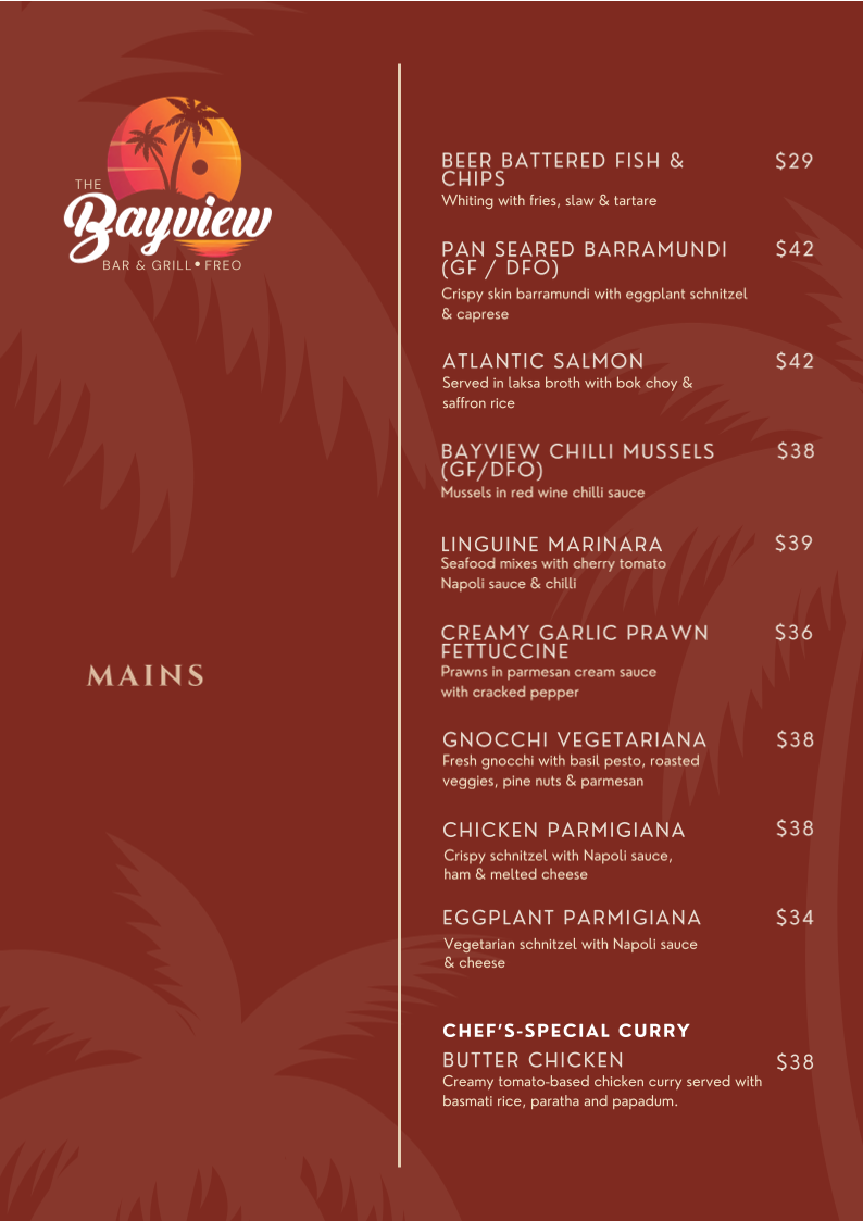 Menu, The Bayview Bar & Grill Freo