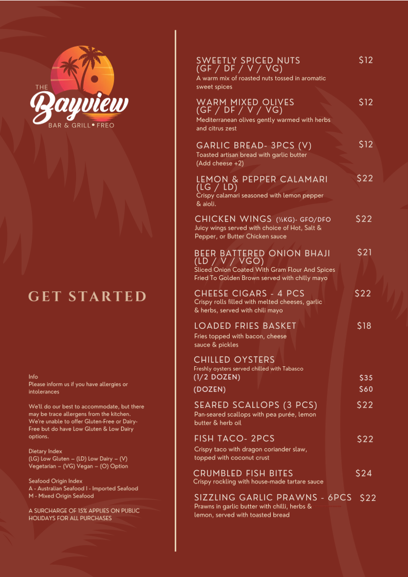 Menu, The Bayview Bar & Grill Freo