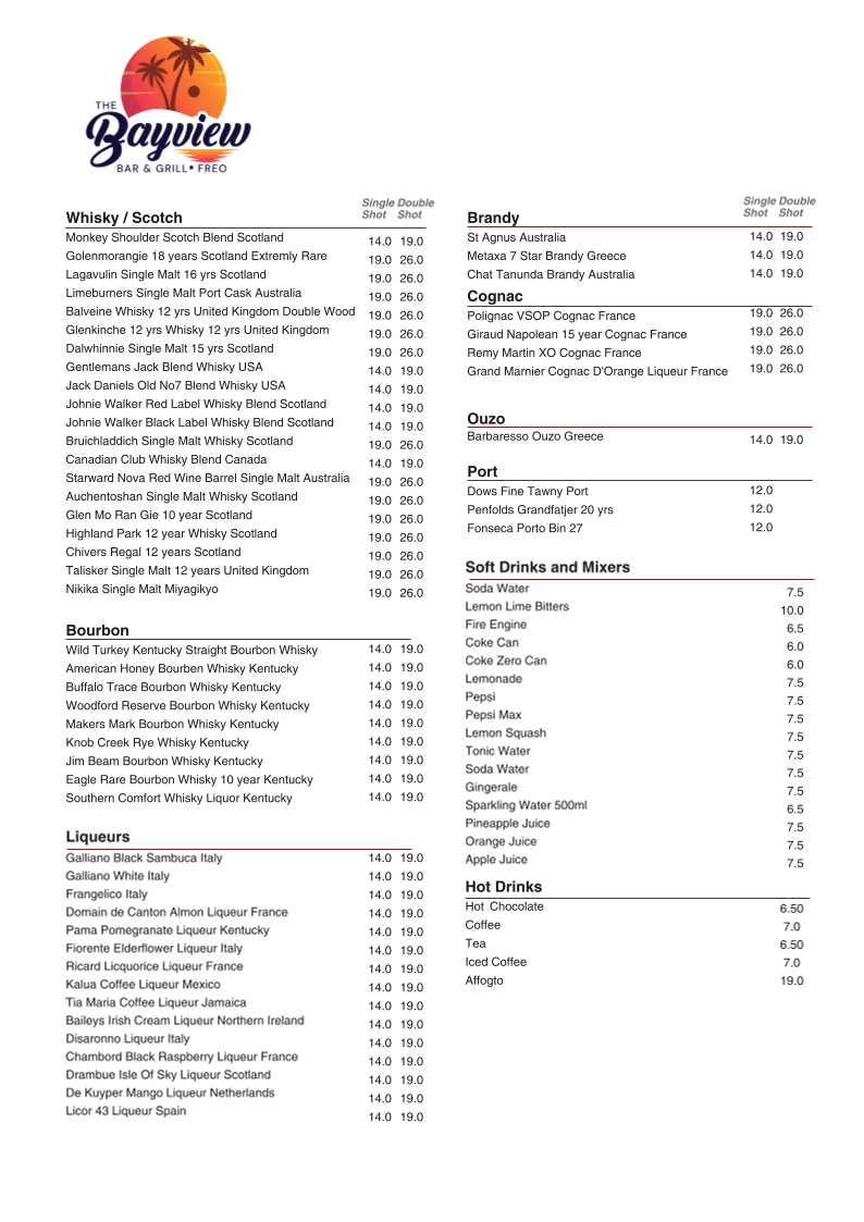 Menu, The Bayview Bar & Grill Freo