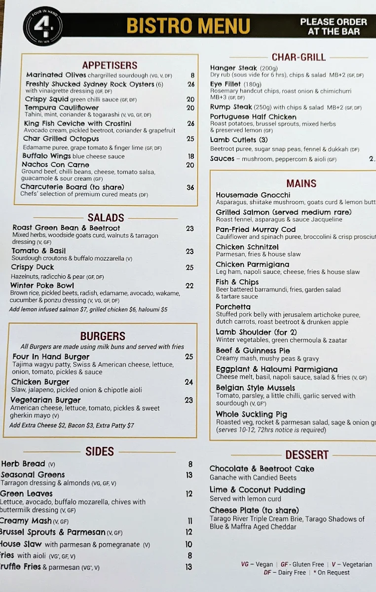 Menu, Four in Hand Hotel