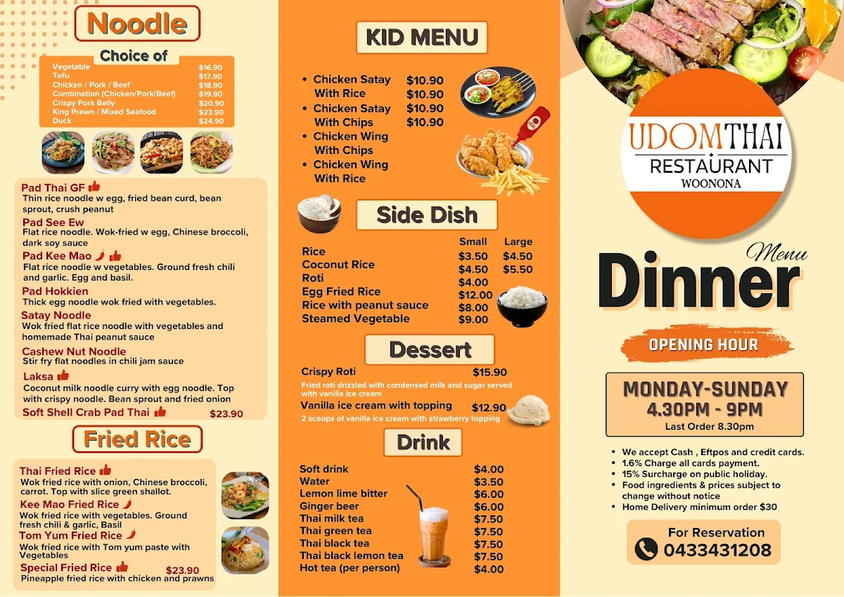 Menu, Udom Thai restaurant Woonona