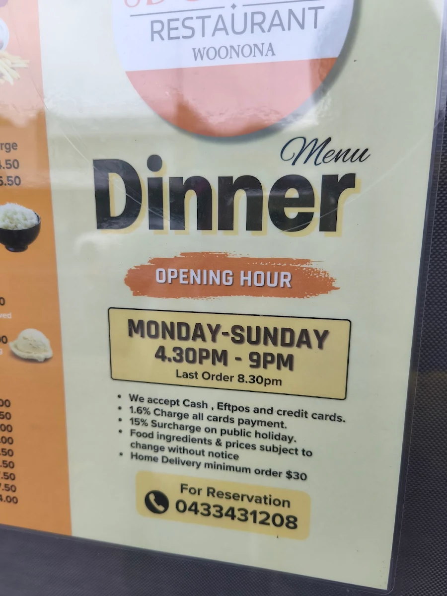 Menu, Udom Thai restaurant Woonona