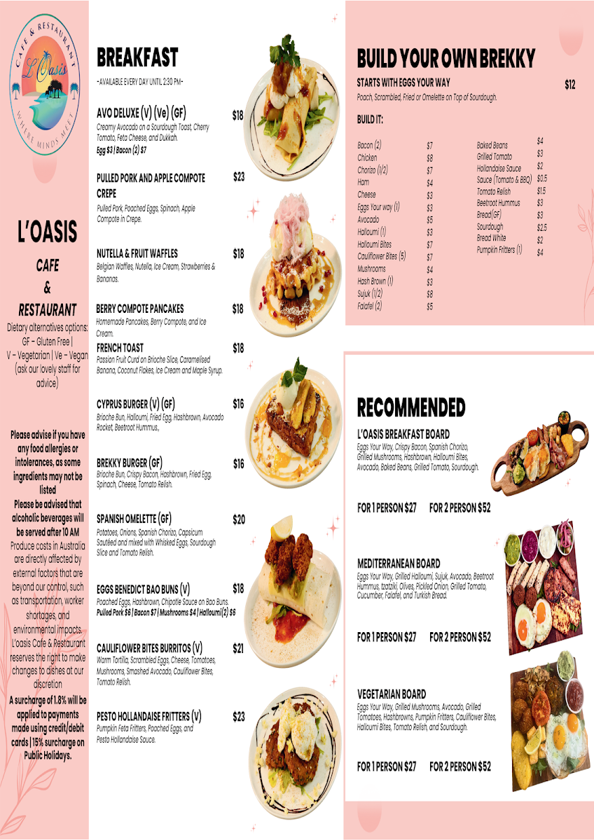 Menu, L' Oasis Café Bar & Restaurant