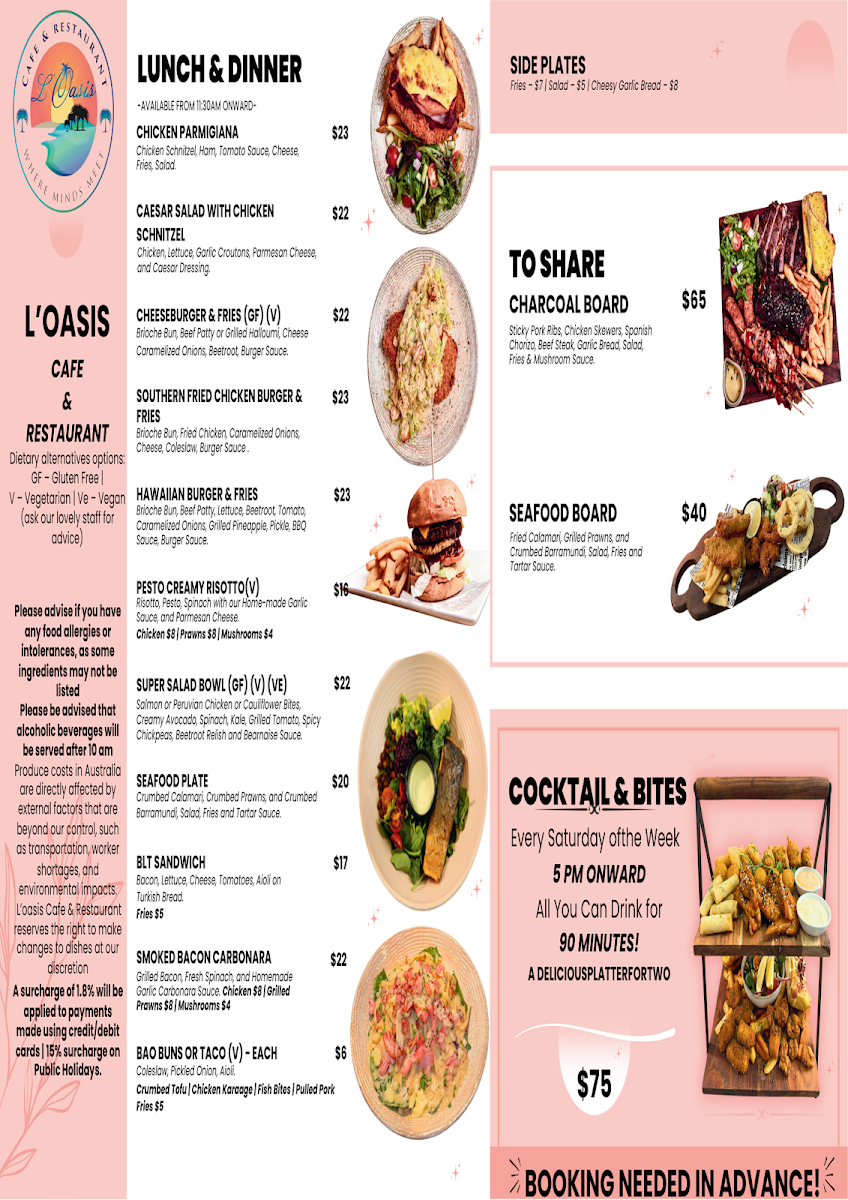 Menu, L' Oasis Café Bar & Restaurant