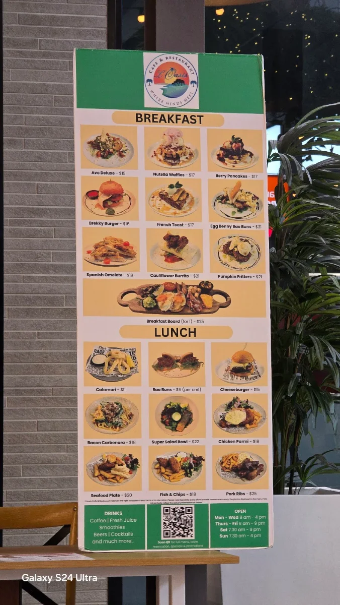 Menu, L' Oasis Café Bar & Restaurant