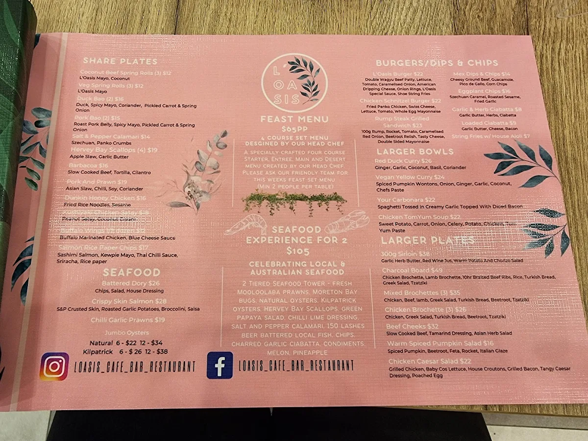 Menu, L' Oasis Café Bar & Restaurant